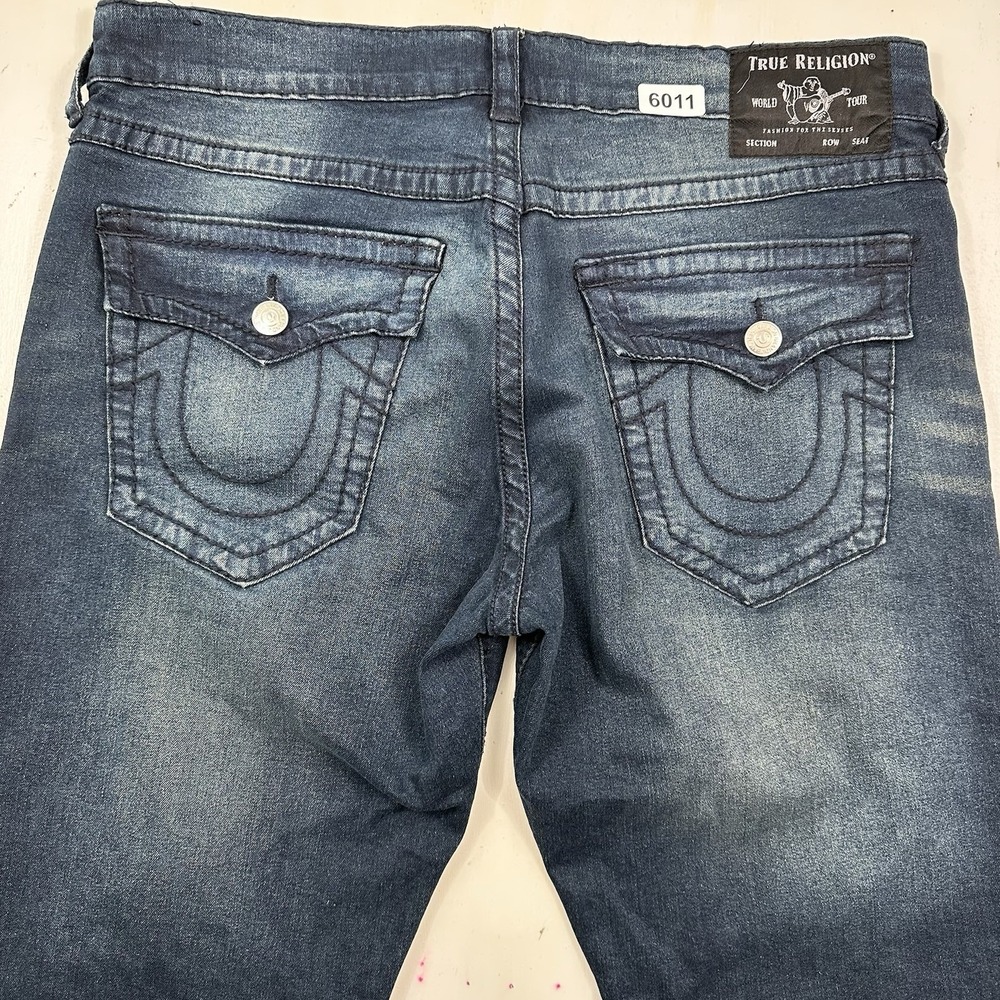 True Religion Geno Jeans Mens 36x32 Relaxed Slim Blue Flap Pockets Thick Stitch